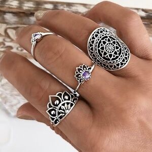 *MICAH* 4-Pc Silver Mandala Style Fashion Ring Set